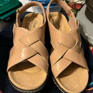 Clark’s patent leather wedges